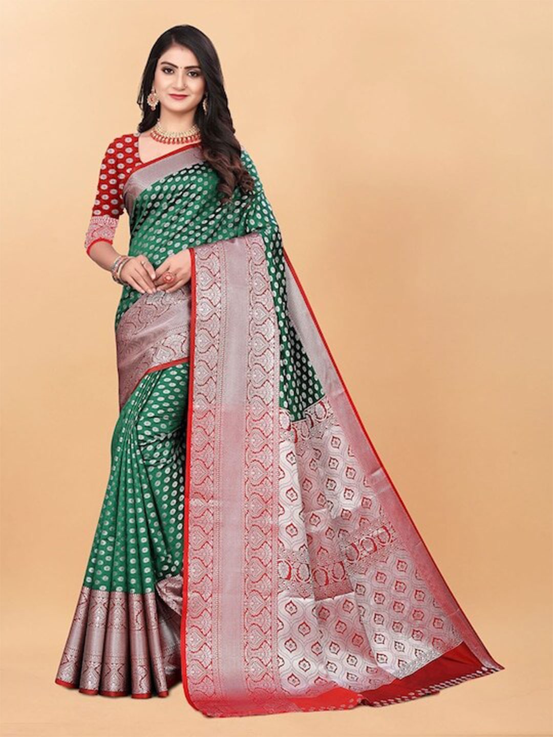 

ZIBLON Woven Design Art Silk Zari Kanjeevaram Saree, Green