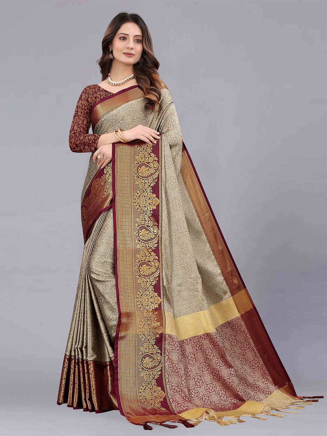 

ZIBLON Ethnic Motifs Art Silk Kanjeevaram Saree, Cream