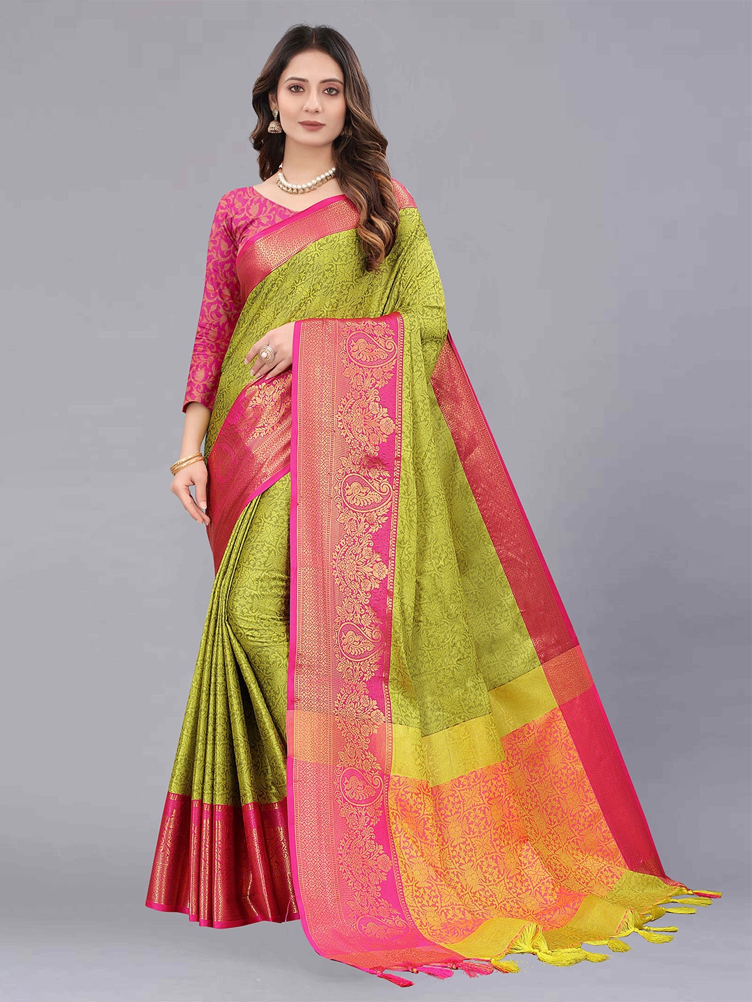 

ZIBLON Art Silk Kanjeevaram Saree, Fluorescent green