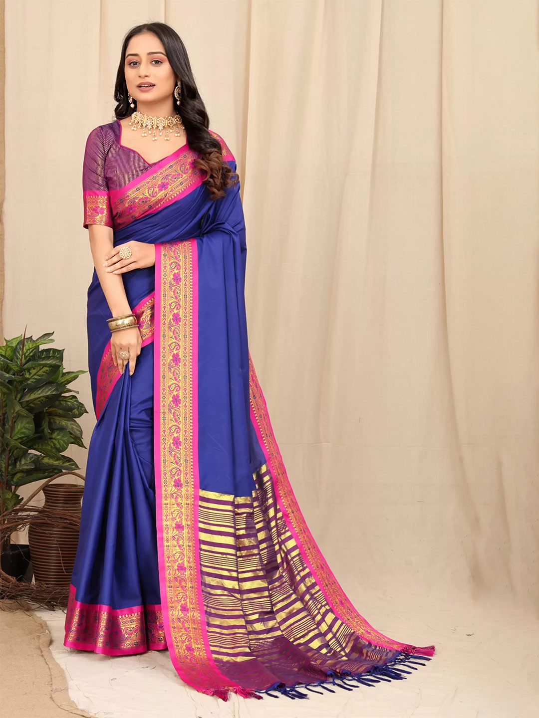

ZIBLON Zari Kanjeevaram Saree, Blue