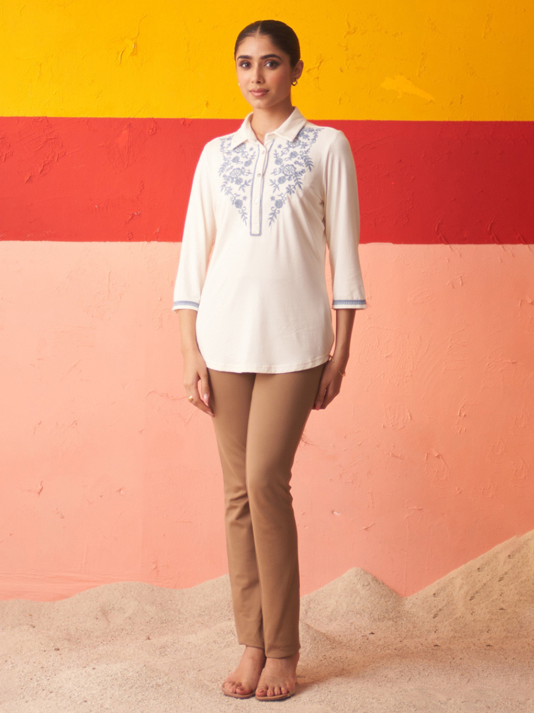 

Lakshita Floral Embroidered Stretchable Shirt Collar Kurti, White