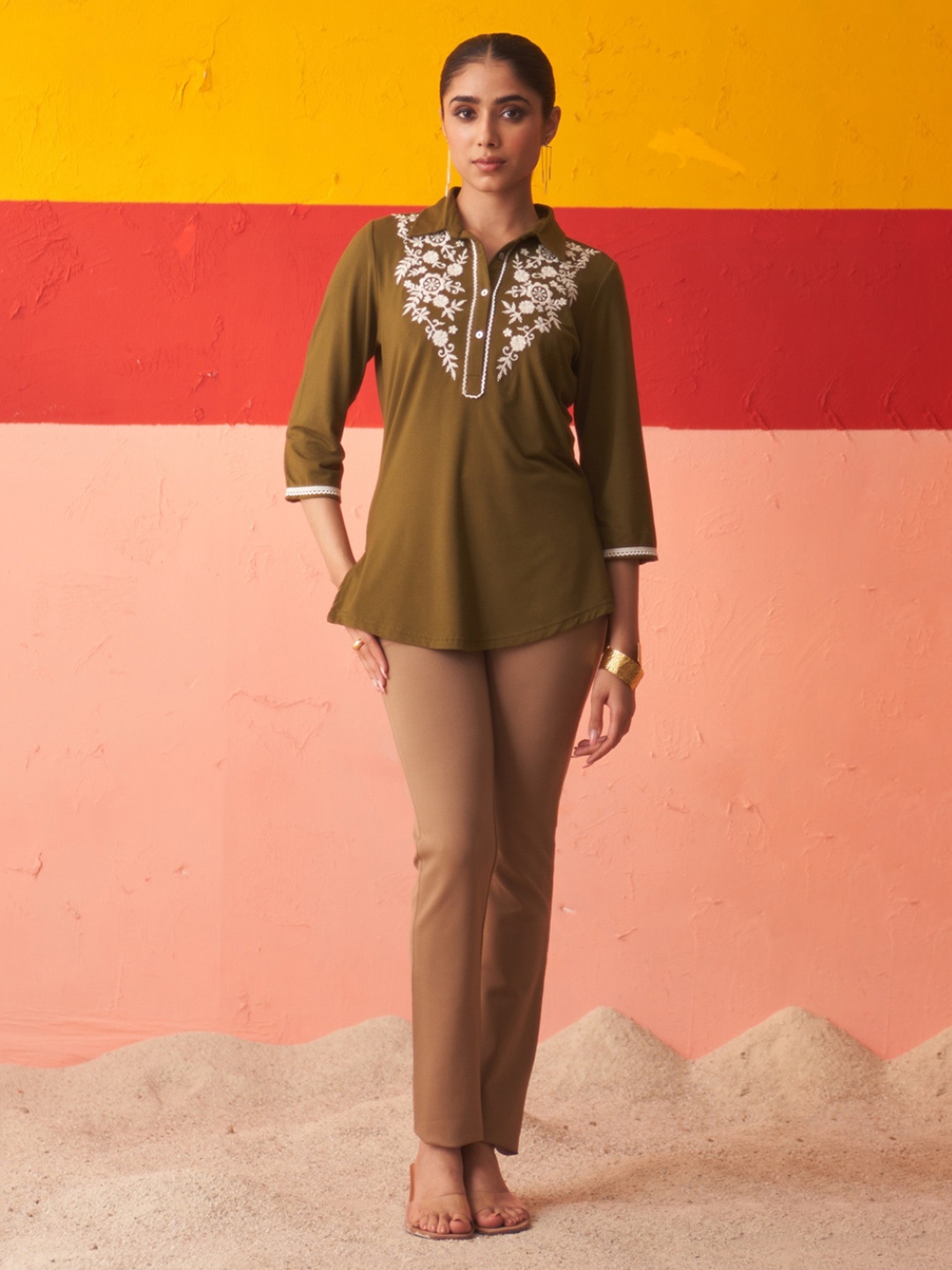 

Lakshita Floral Yoke Design Shirt Collar Thread Work Straight Kurti, Olive
