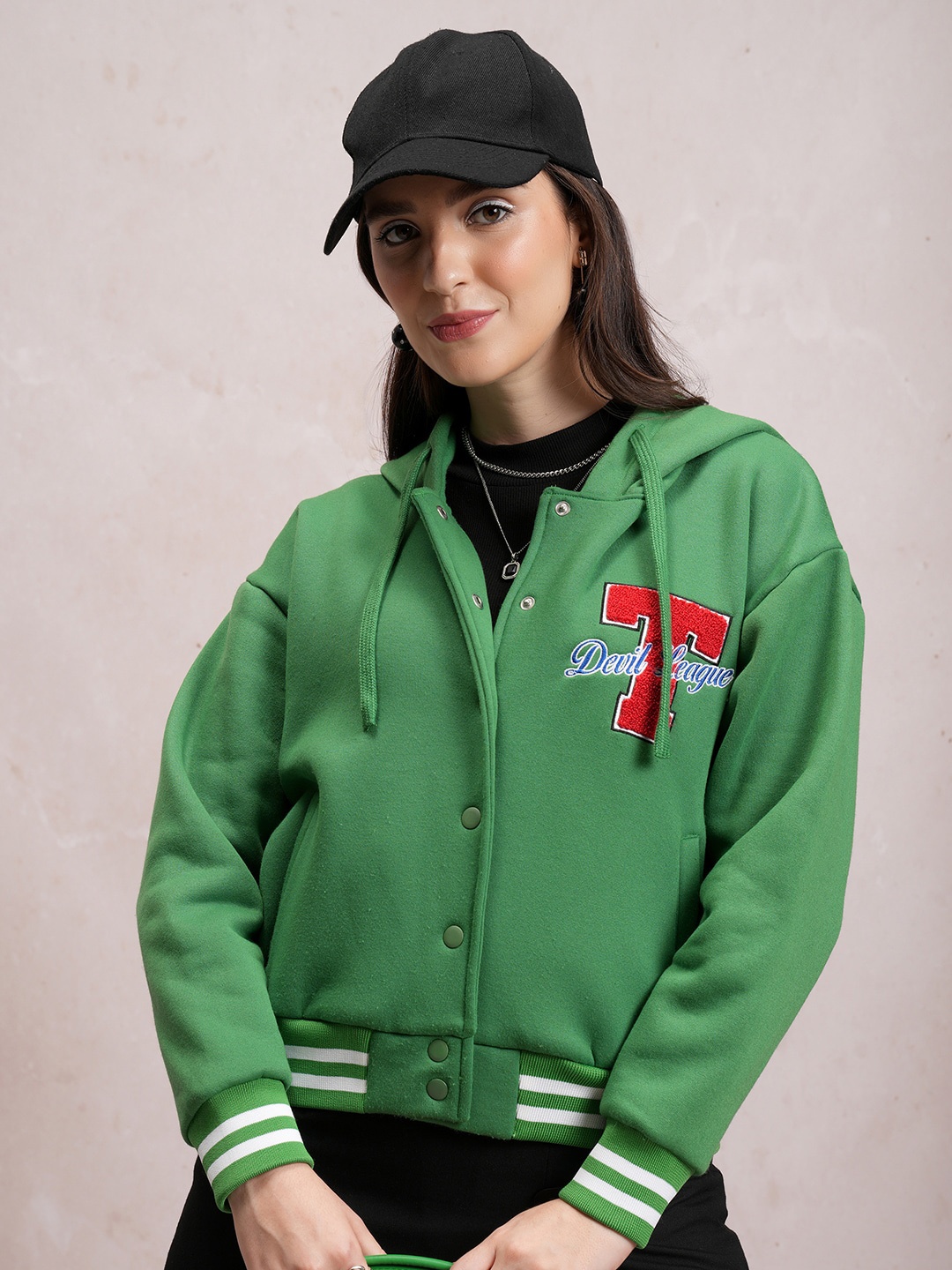 

Tokyo Talkies Women Green Varsity Jacket