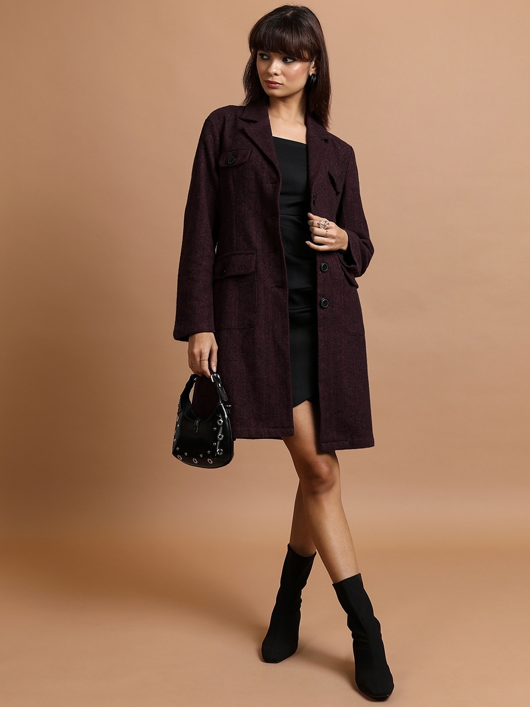 

Tokyo Talkies Maroon Self Design Notched Lapel Long Sleeves Longline Overcoat