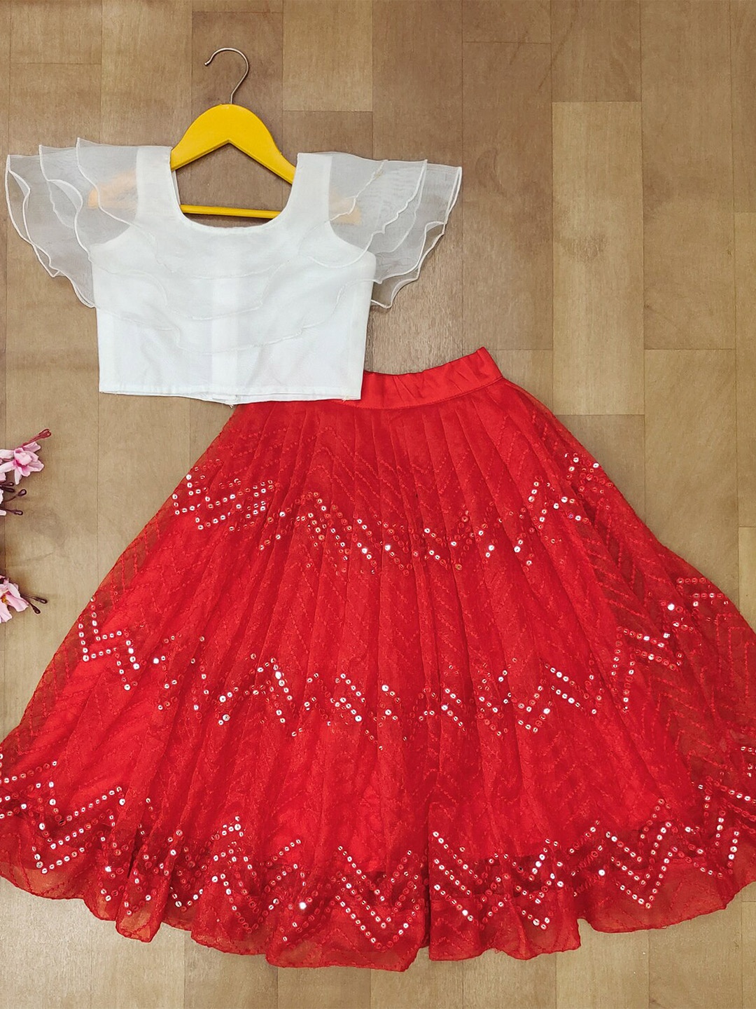 

BAESD Girls Embellished Sequinned Ready to Wear Lehenga Choli, Red