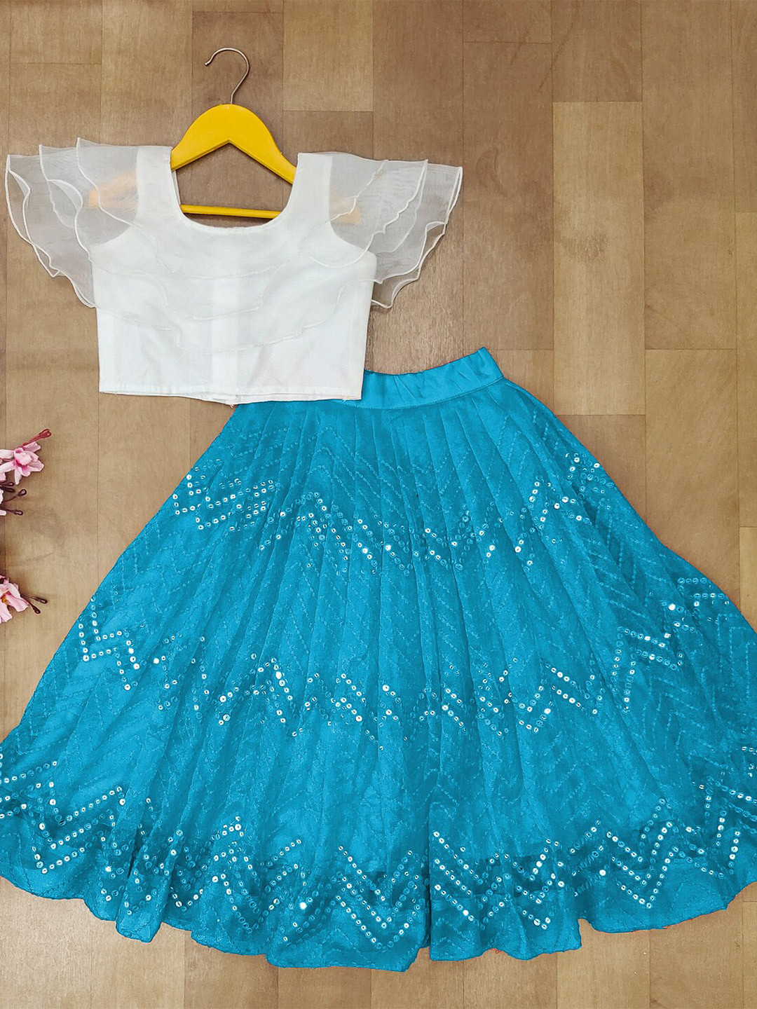 

BAESD Girls Embellished Sequinned Ready to Wear Lehenga Choli, Turquoise blue
