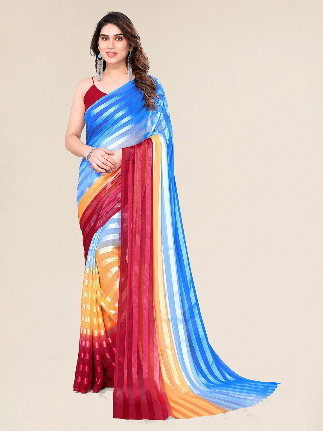 

KALINI Striped Satin Saree, Blue