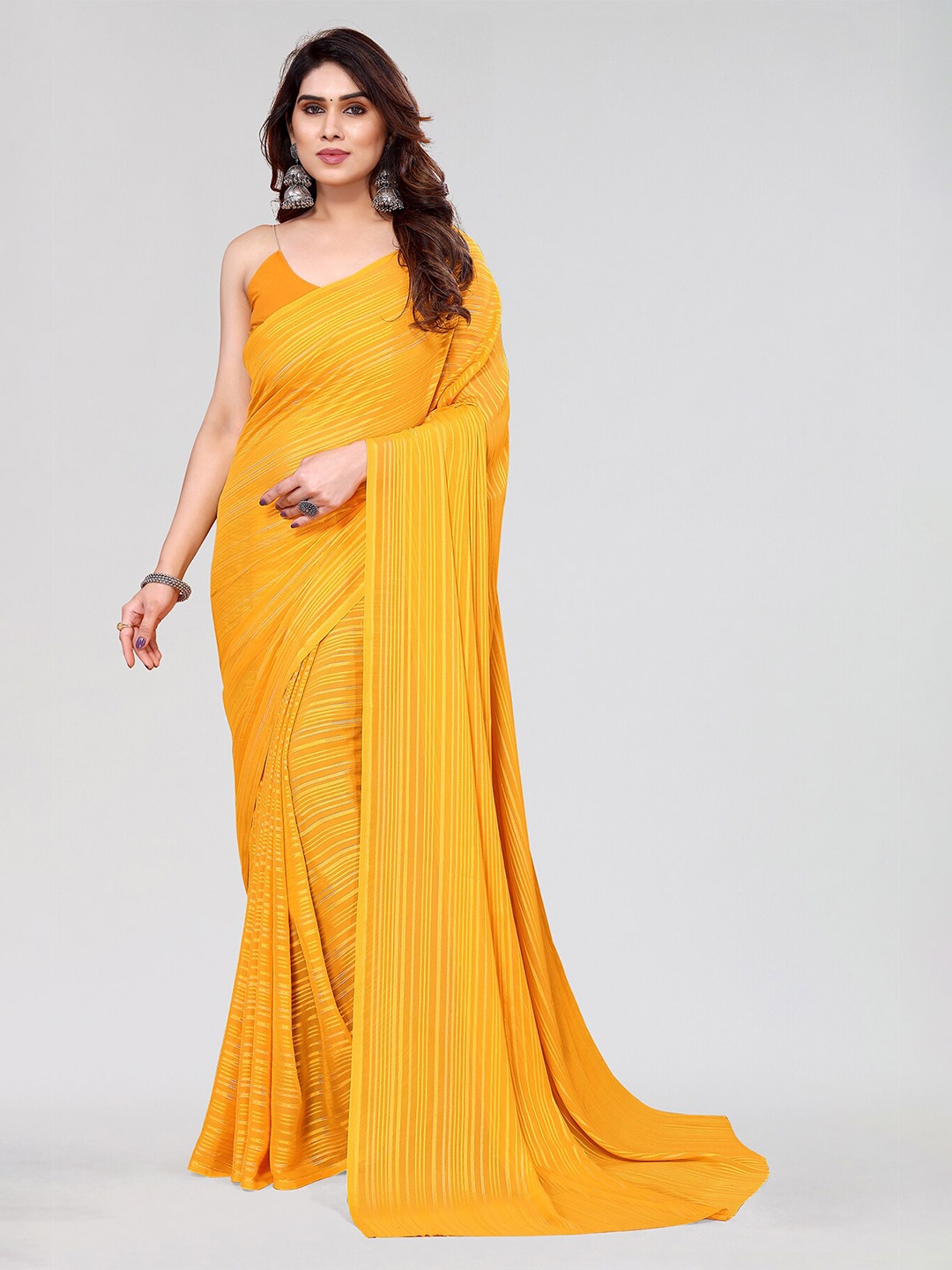 

Moda Rapido Striped Printed Satin Designer Saree, Yellow