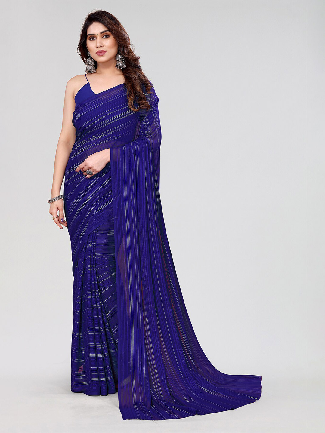 

Moda Rapido Striped Zari Satin Designer Saree, Navy blue