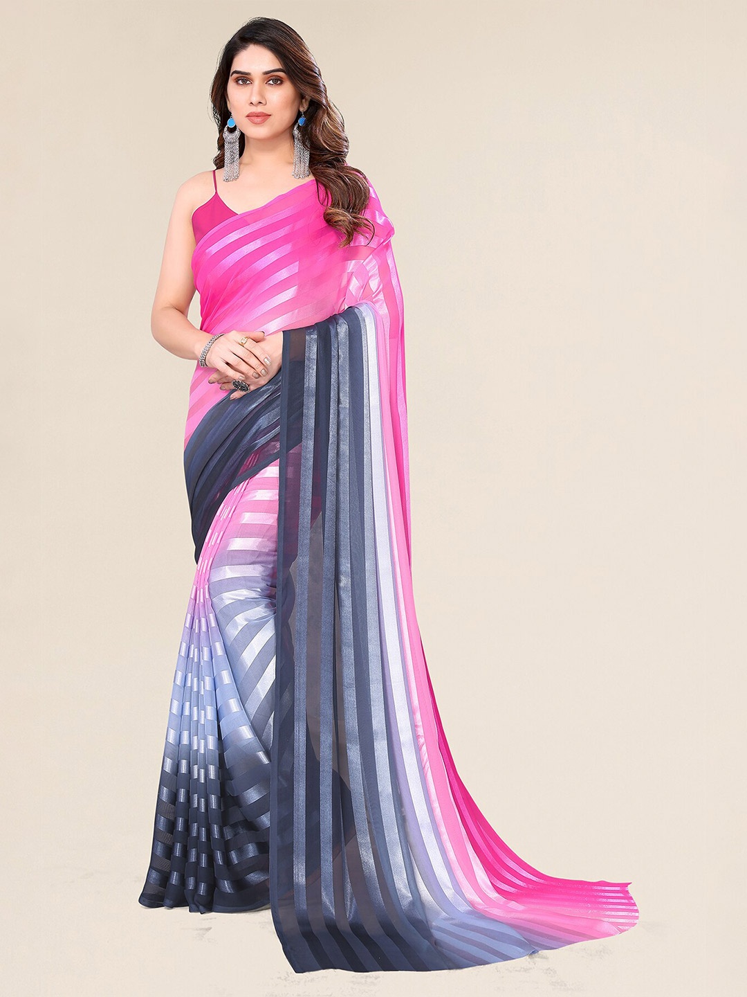 

ANAND SAREES Striped Satin Saree, Pink