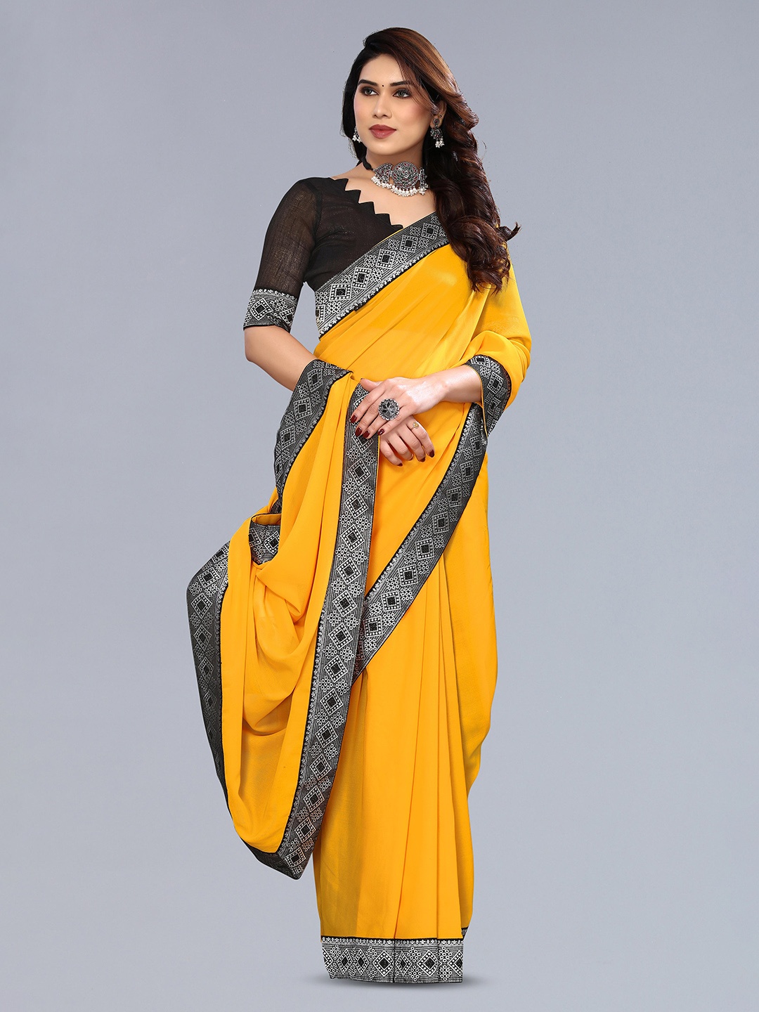 

ANAND SAREES Pure Chiffon Woven Design Zari Border Saree, Yellow