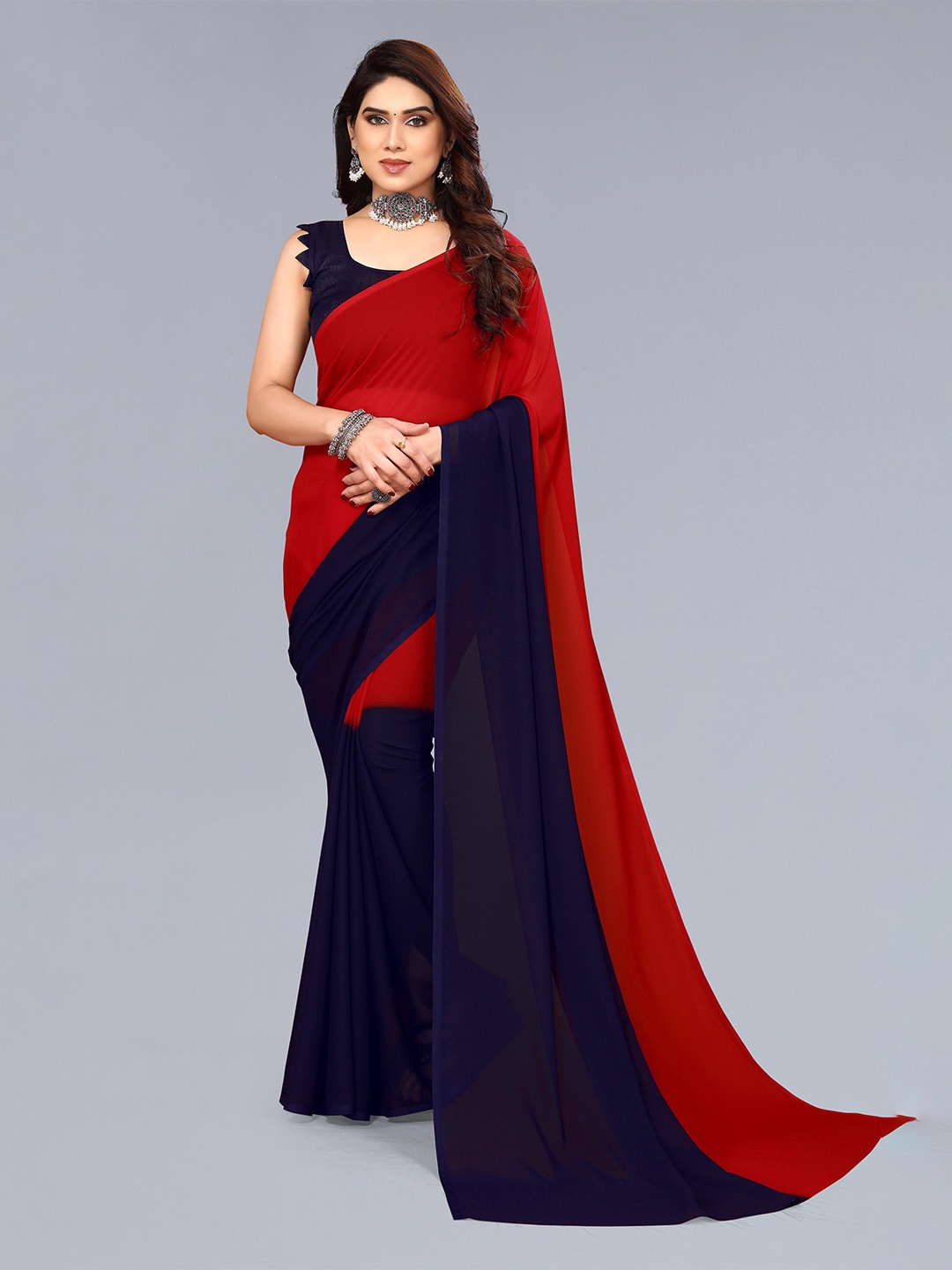 

ANAND SAREES Colourblocked Pure Georgette Saree, Red