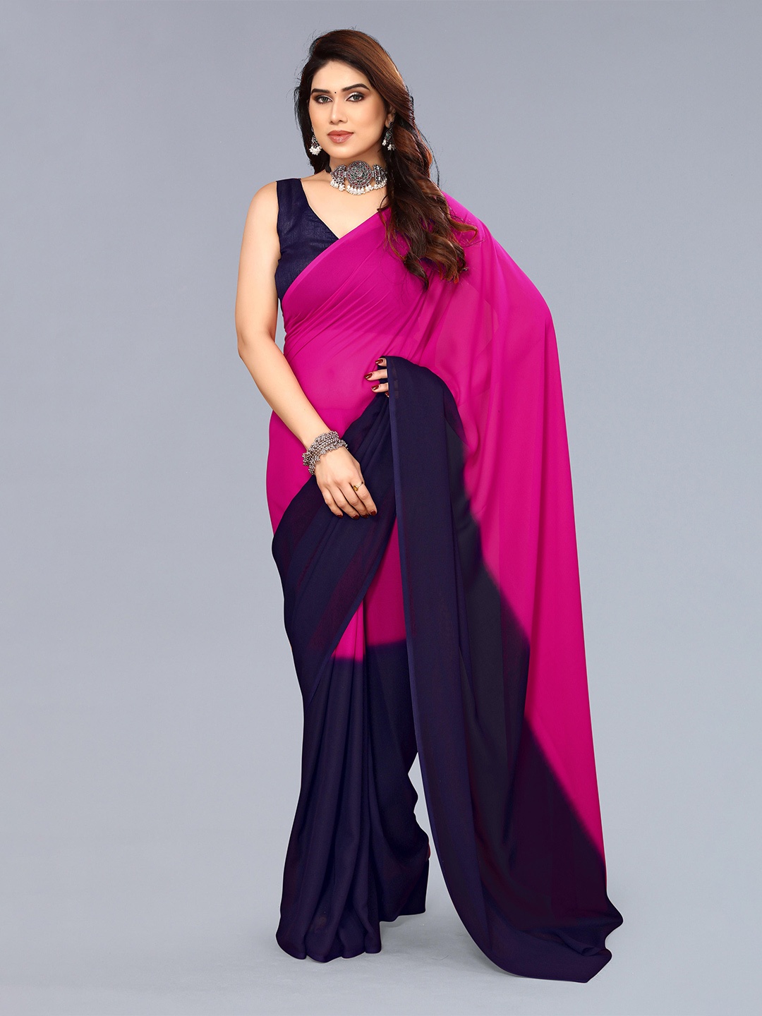 

KALINI Colourblocked Pure Georgette Saree, Pink