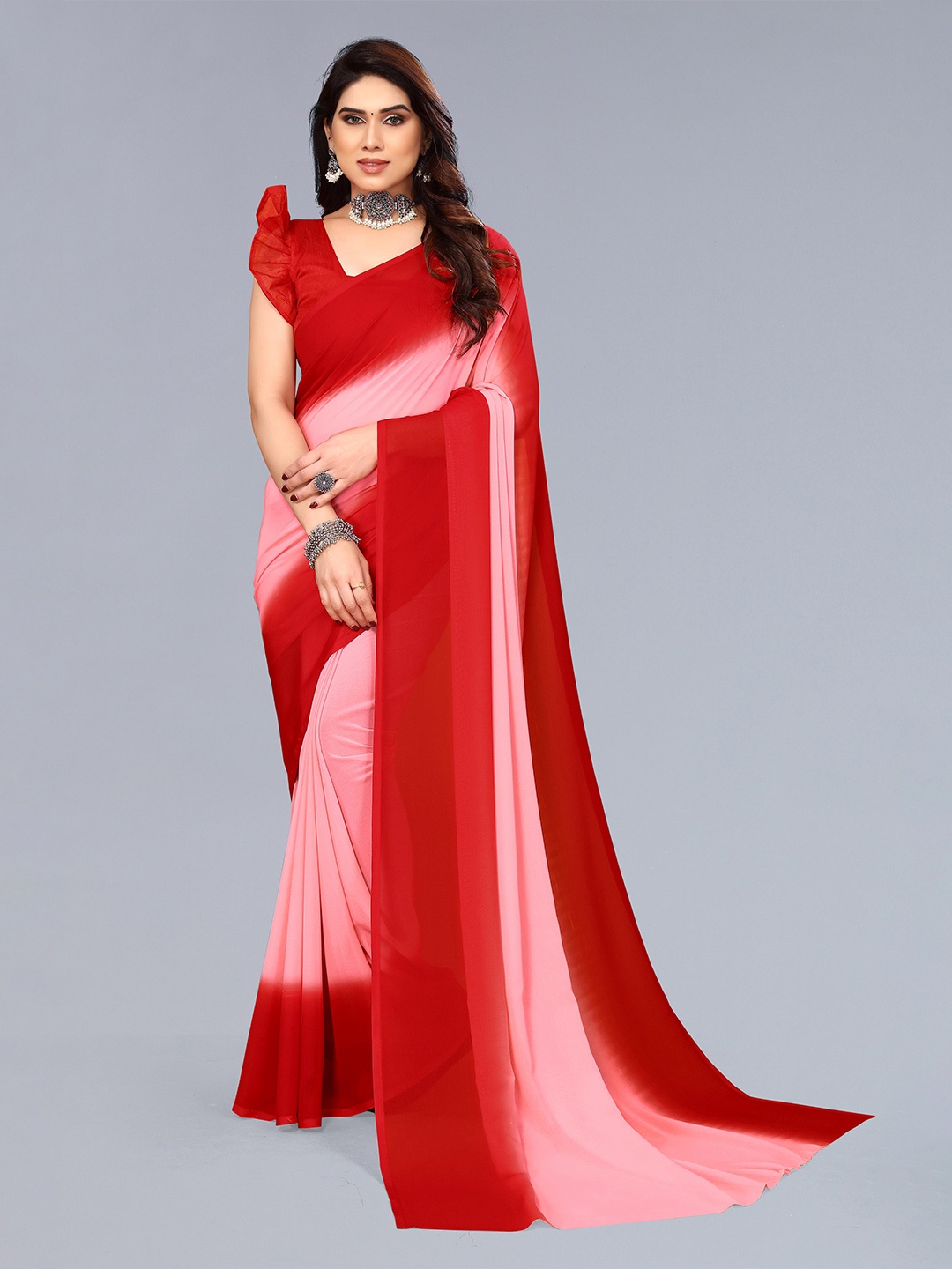 

ANAND SAREES Ombre Pure Georgette Saree, Red