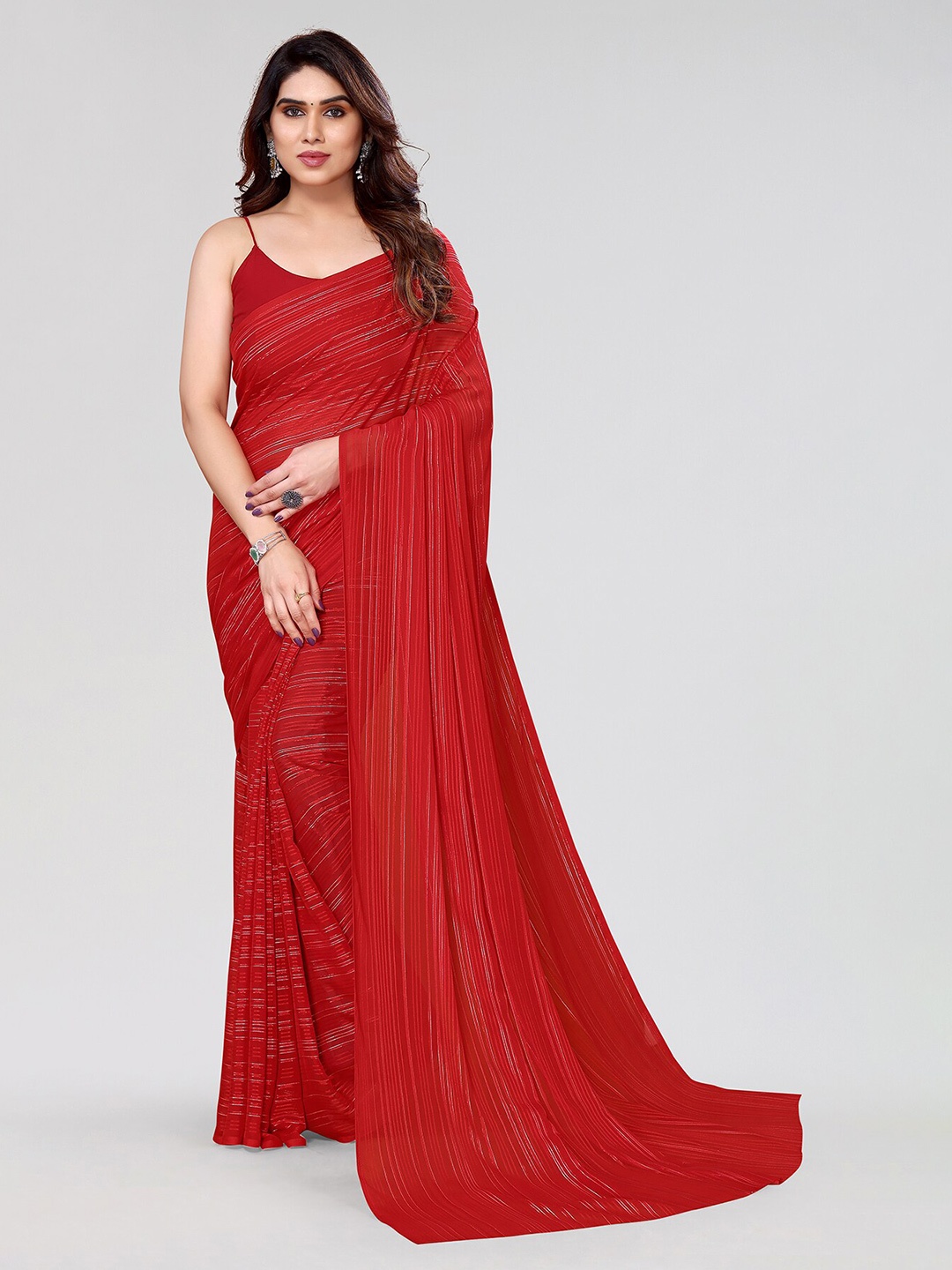 

Moda Rapido Striped Printed Satin Designer Saree, Red