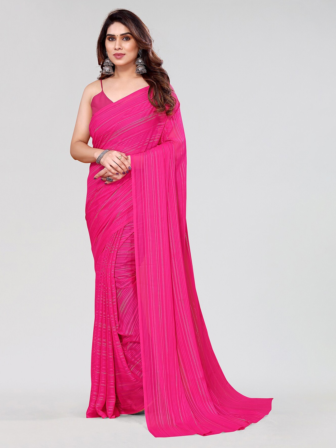 

Moda Rapido Striped Satin Saree, Pink
