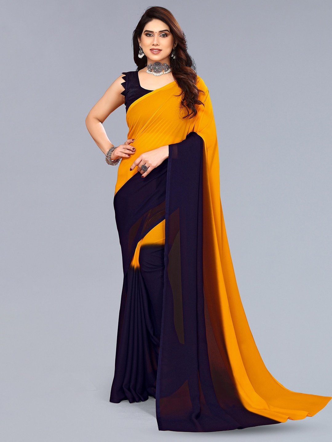 

KALINI Yellow Pure Georgette Striped Printed Designer With Unstitched Blouse Piece Saree