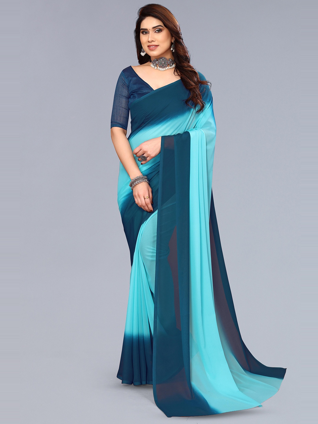 

ANAND SAREES Striped Georgette Saree, Blue