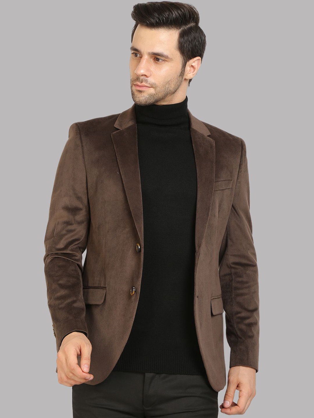 

Givo Self Design Notched Lapel Collar Single Breasted Corduroy Blazer, Brown