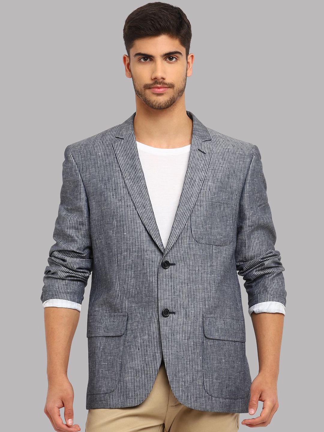 

Givo Striped Notched Lapel Collar Single Breasted Linen Blazer, Blue