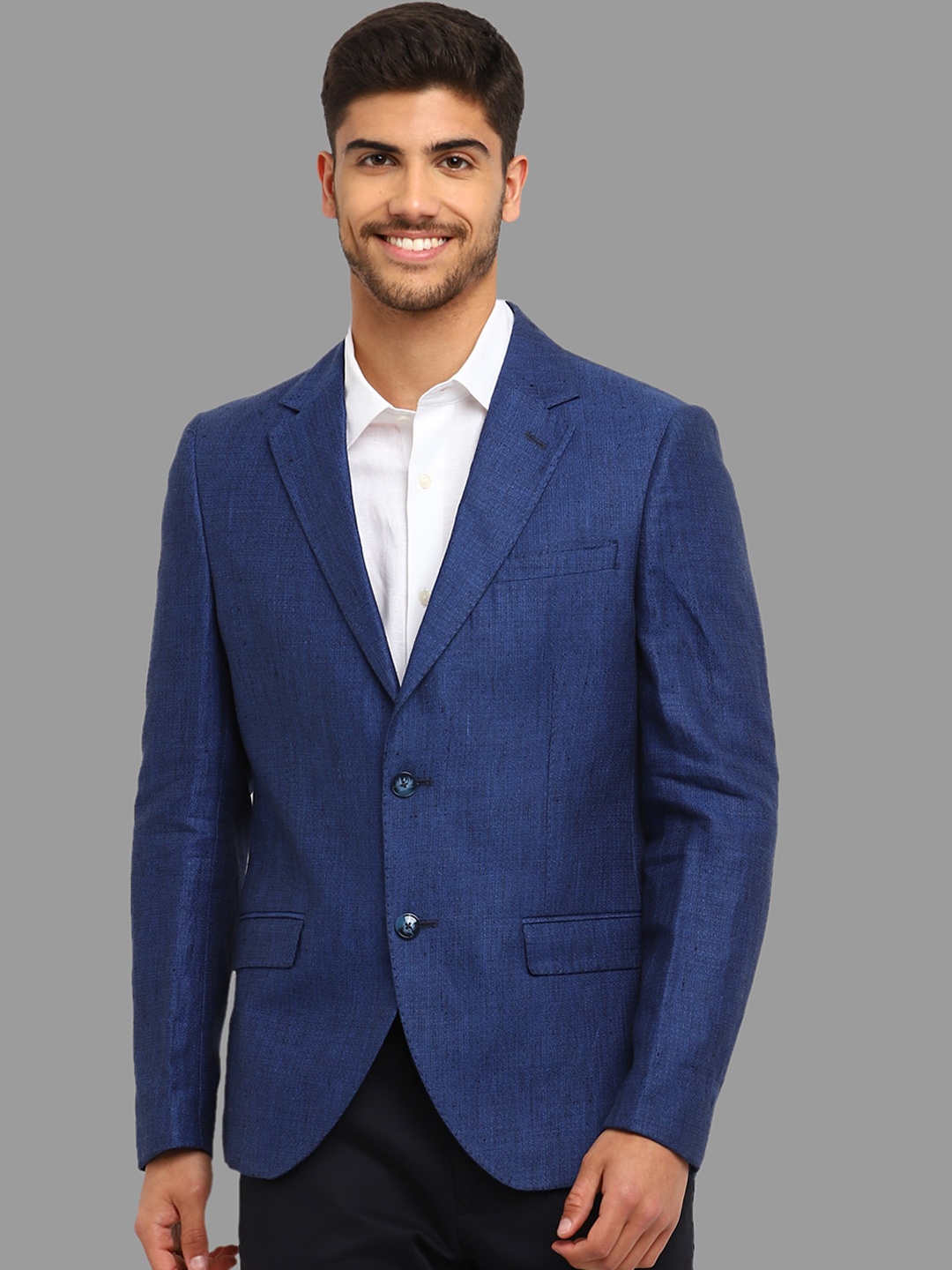 

Givo Checked Notched Lapel Collar Single-Breasted Linen Blazer, Navy blue