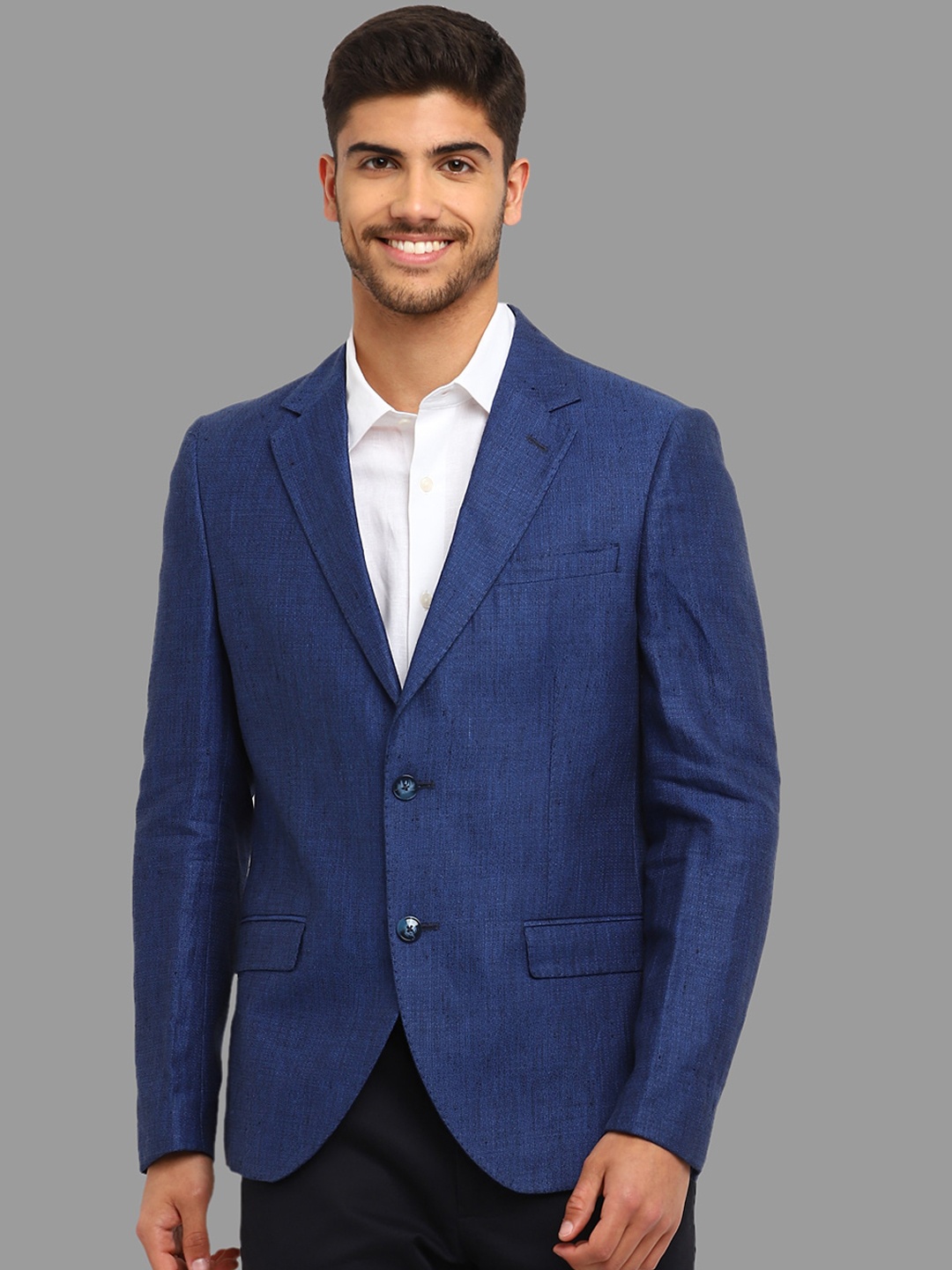 

Givo Notched Lapel Collar Single Breasted Linen Blazer, Blue