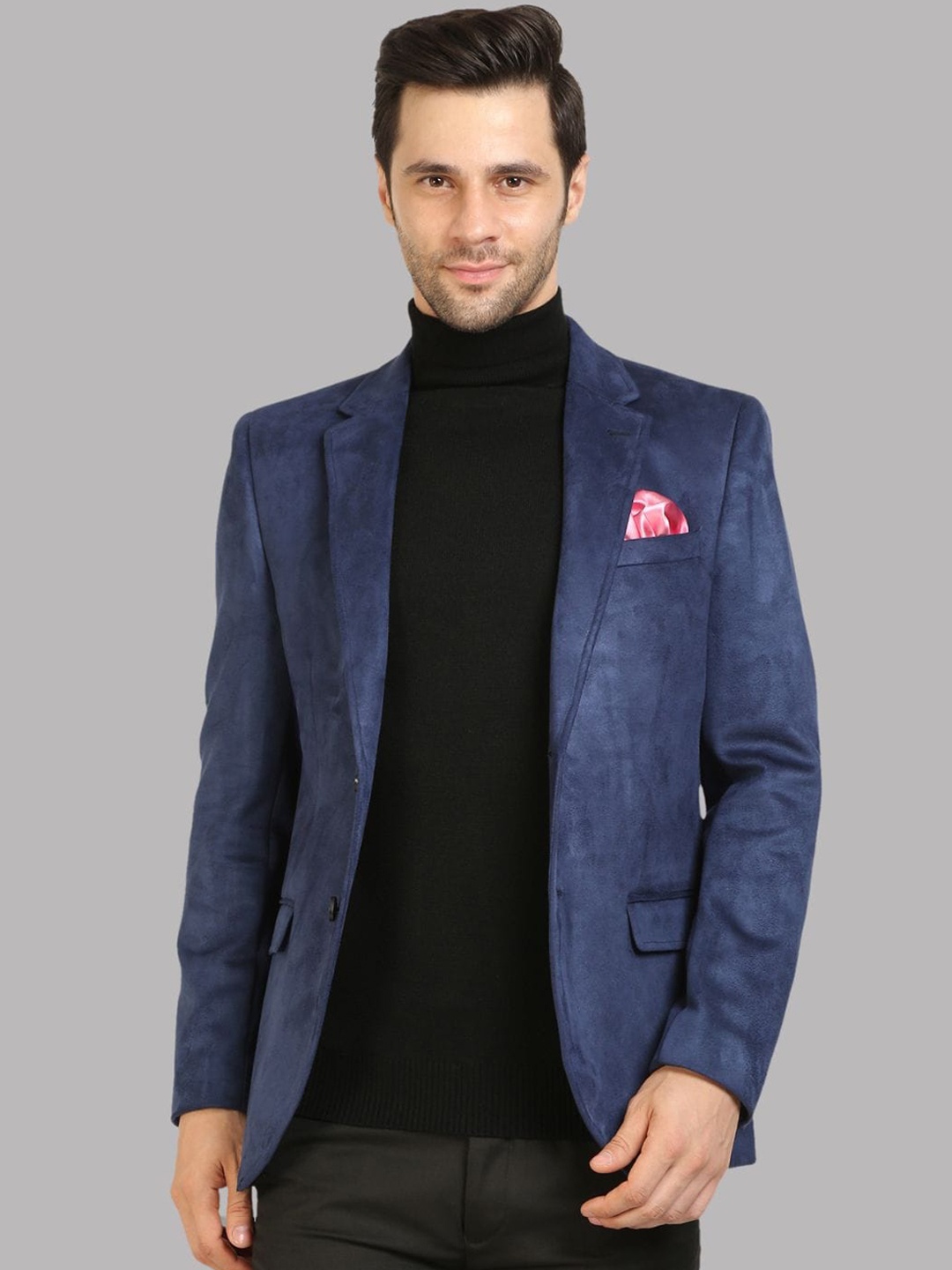

Givo Notched Lapel Collar Suede Single Breasted Formal Blazer, Navy blue