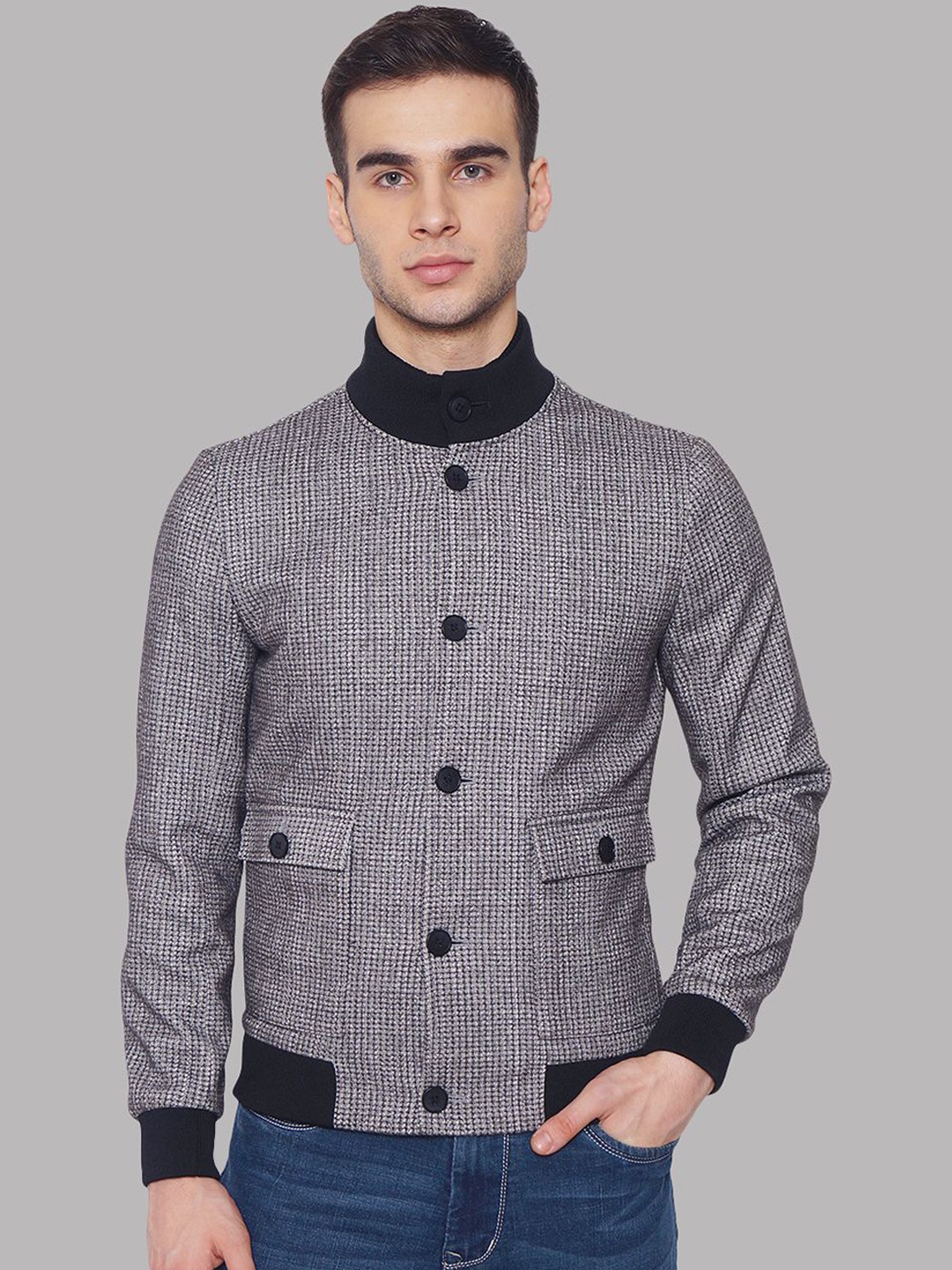 

Givo Checked Band Collar Bomber Jacket, Grey
