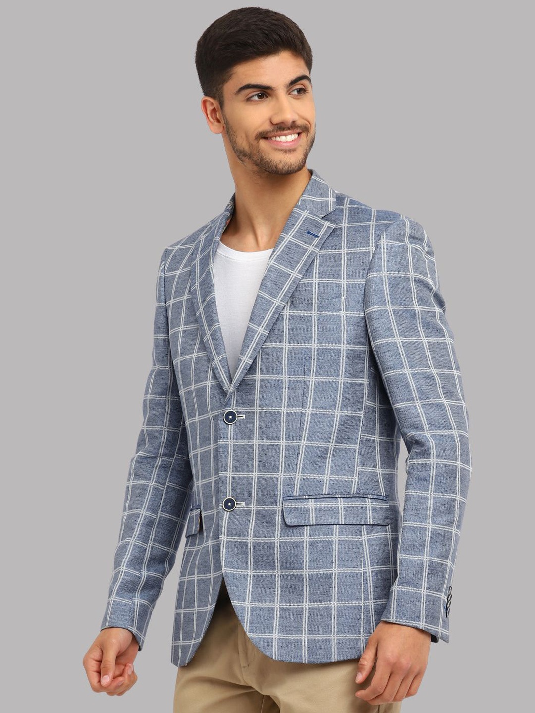 

Givo Checked Notched Lapel Collar Single-Breasted Linen Blazer, Blue