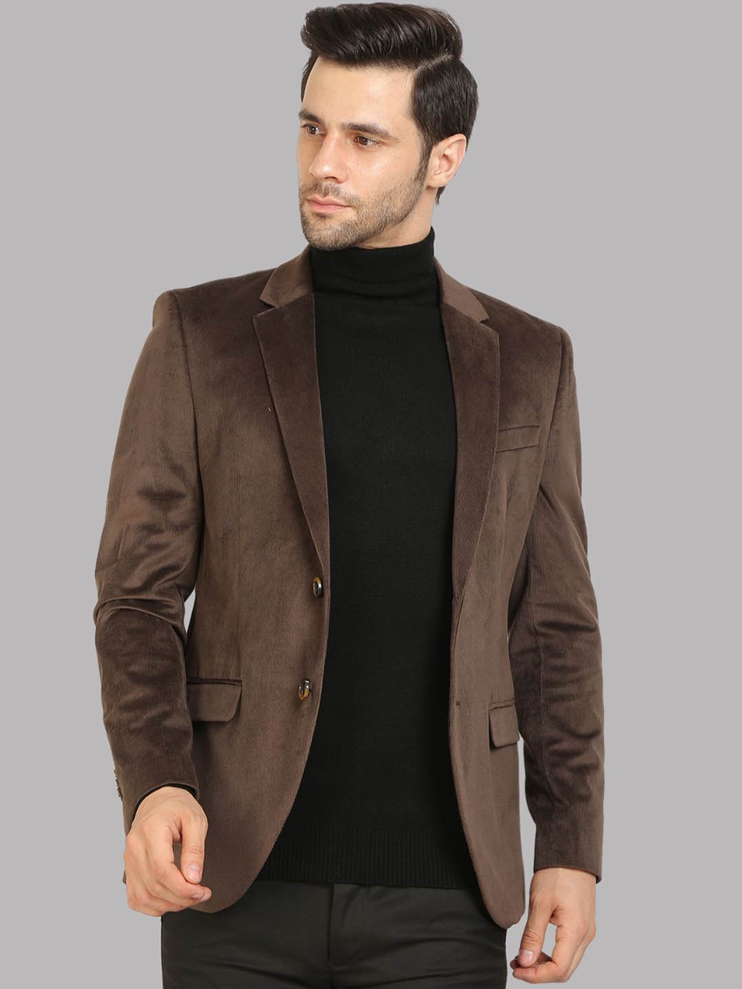 

Givo Notched Lapel Collar Corduroy Single Breasted Formal Blazer, Brown