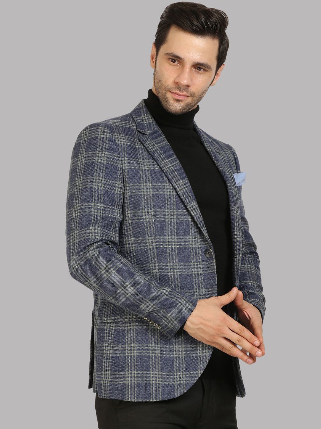

Givo Checked Notched Lapel Collar Single-Breasted Linen Blazer, Navy blue