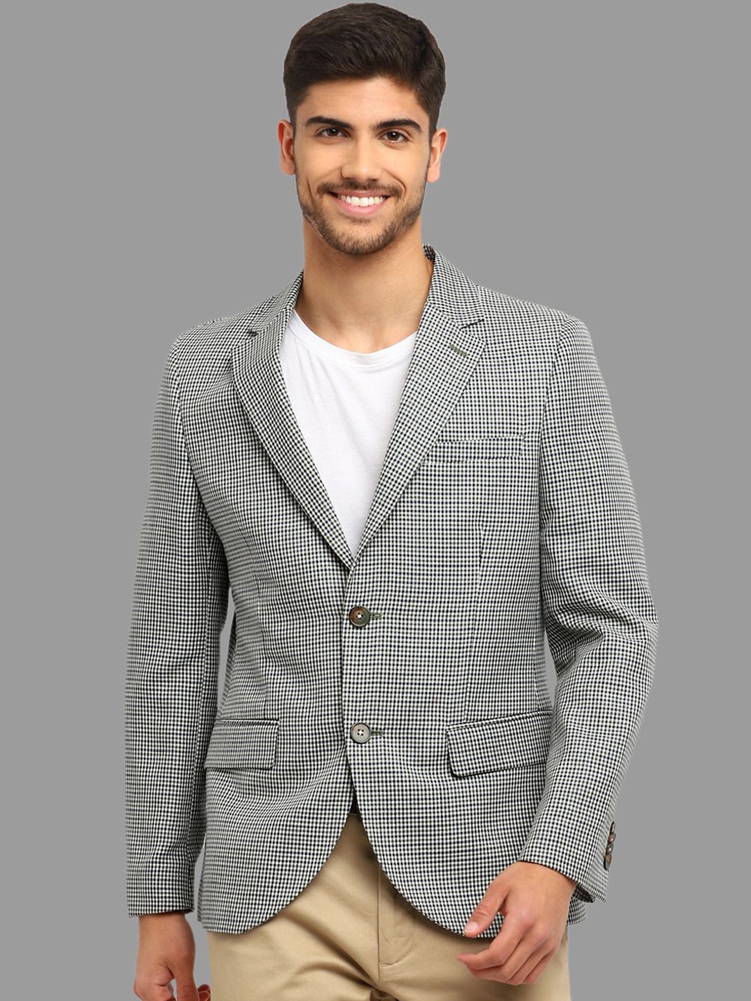 

Givo Checked Notched Lapel Collar Single-Breasted Linen Blazer, Blue