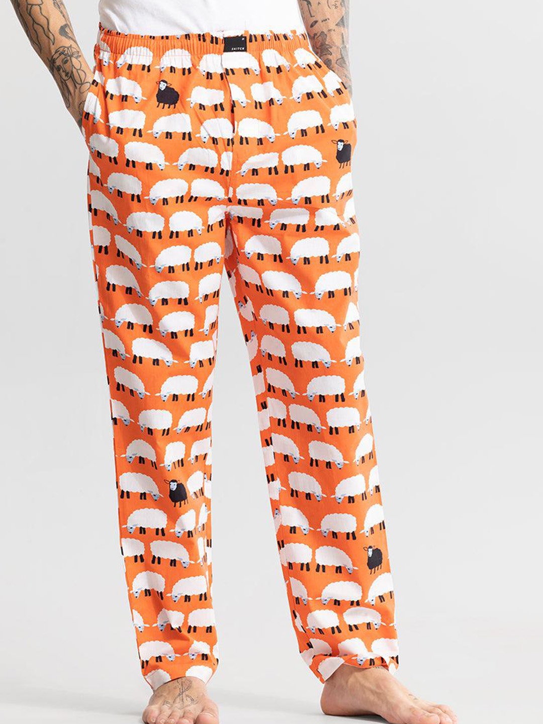 

Snitch Men Sheep Printed Pure Cotton Lounge Pants, Orange