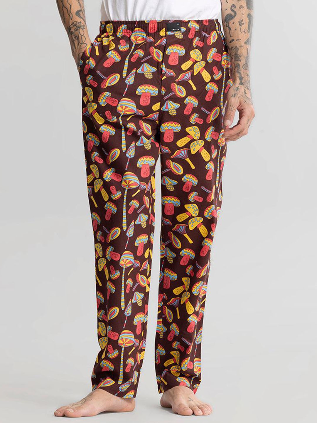 

Snitch Men Mushroom Printed Pure Cotton Lounge Pants, Brown