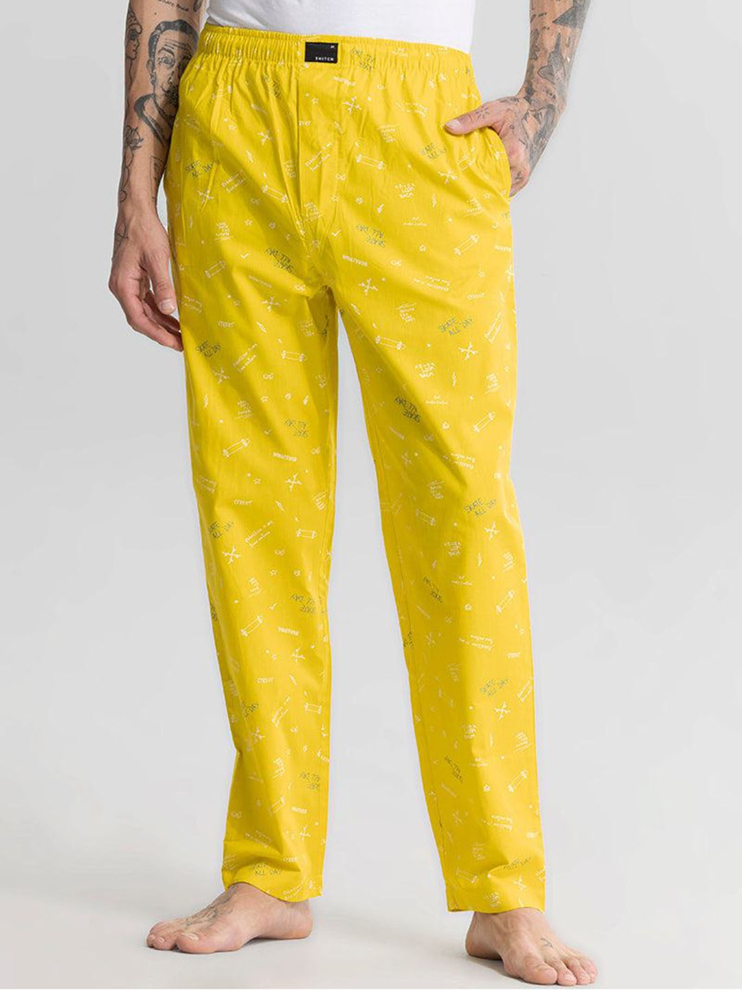 

Snitch Men Skate Printed Pure Cotton Lounge Pants, Yellow
