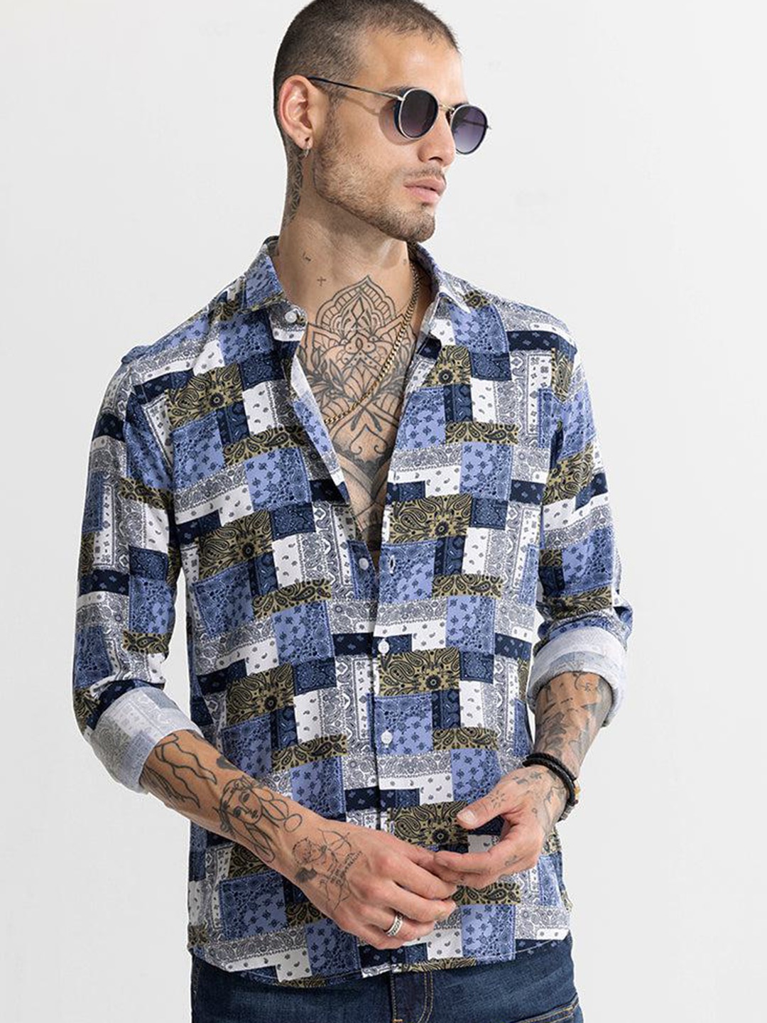 

Snitch Classic Slim Fit Ethnic Motif Printed Spread Collar Casual Shirt, Blue