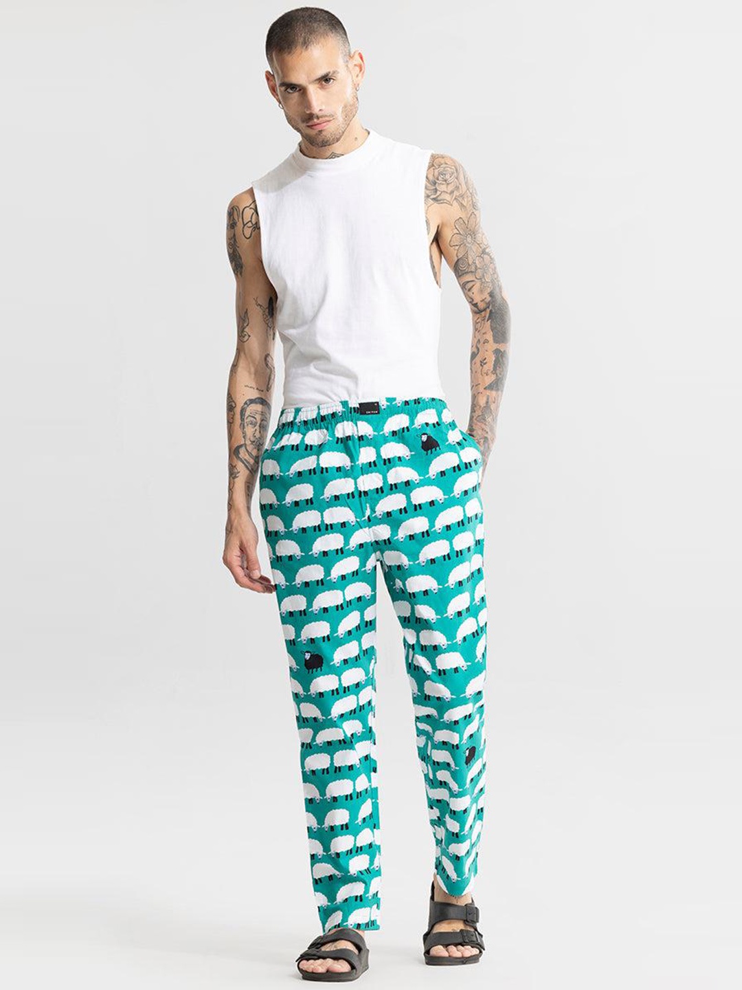 

Snitch Men Sheep Printed Pure Cotton Lounge Pants, Green