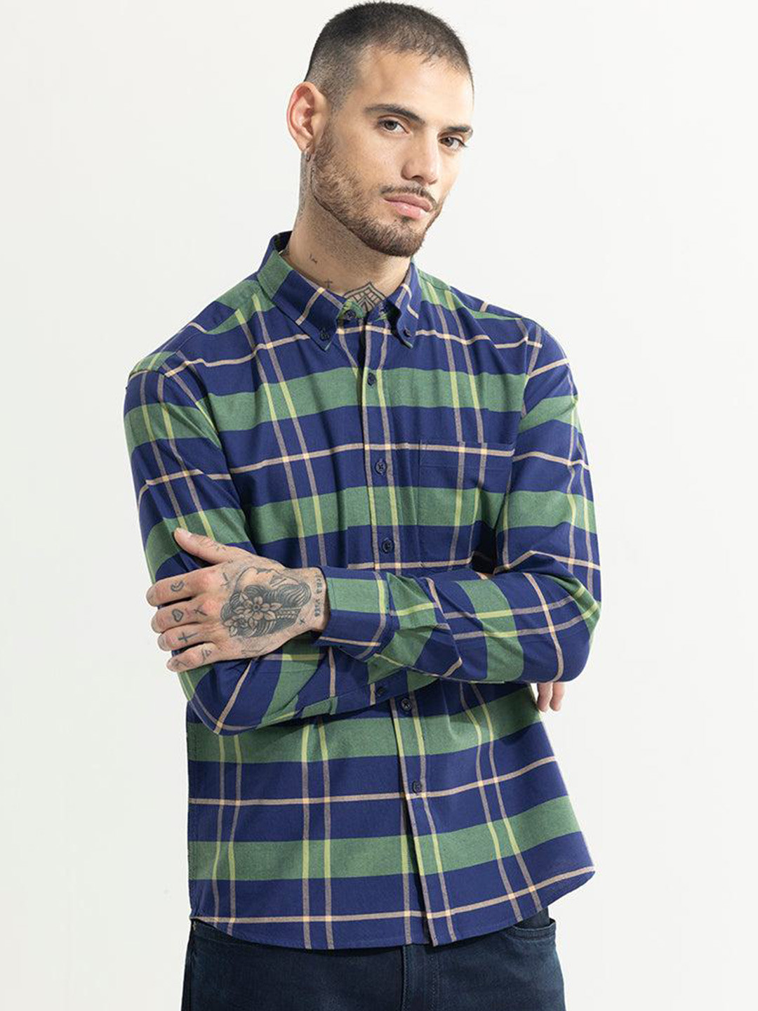

Snitch Classic Slim Fit Tartan Checked Spread Collar Pure Cotton Casual Shirt, Navy blue