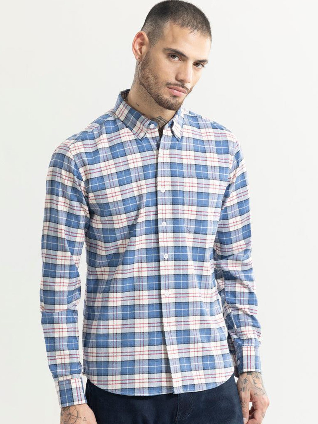 

Snitch Classic Slim Fit Tartan Checked Spread Collar Pure Cotton Casual Shirt, Blue