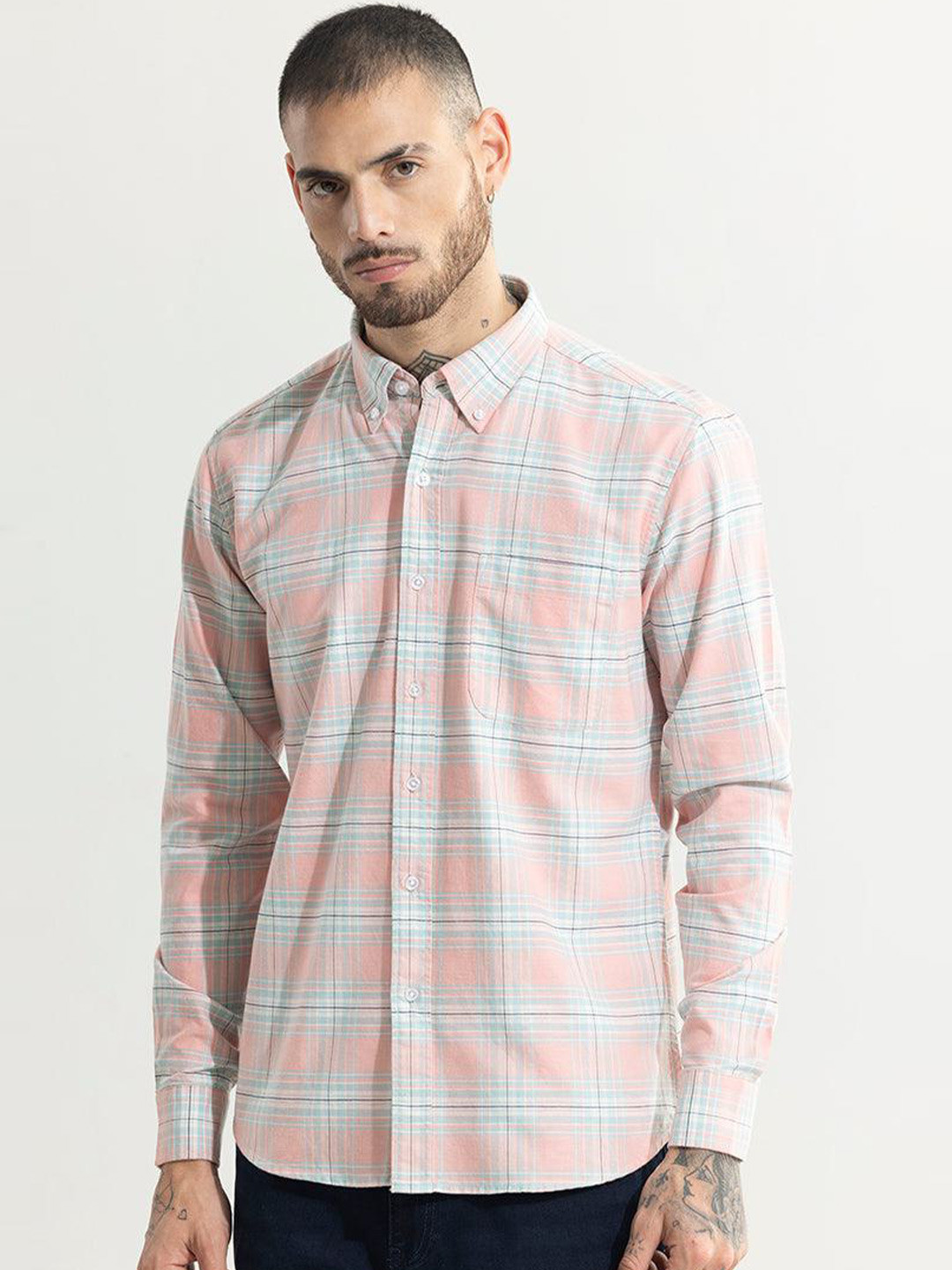 

Snitch Classic Slim Fit Tartan Checked Spread Collar Pure Cotton Casual Shirt, Pink