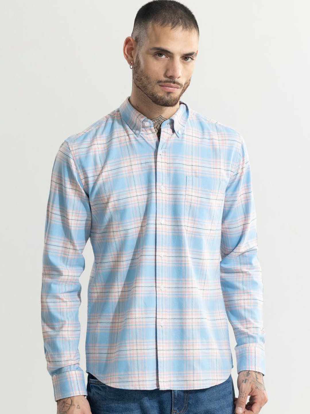 

Snitch Classic Slim Fit Tartan Checked Spread Collar Pure Cotton Casual Shirt, Blue
