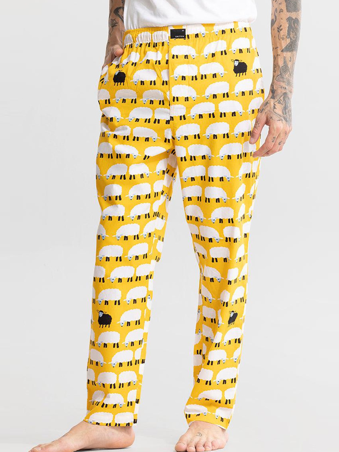 

Snitch Men Sheep Printed Pure Cotton Lounge Pants, Yellow