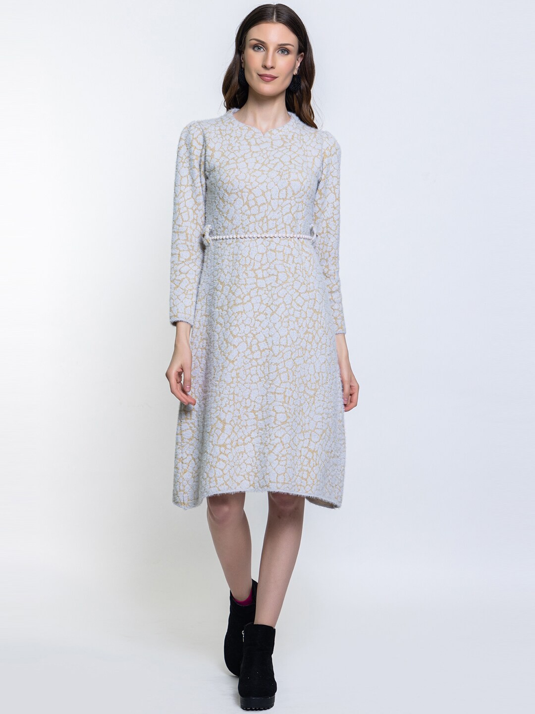 

Elthia Self Design Woollen A-Line Sweater Dress, Grey