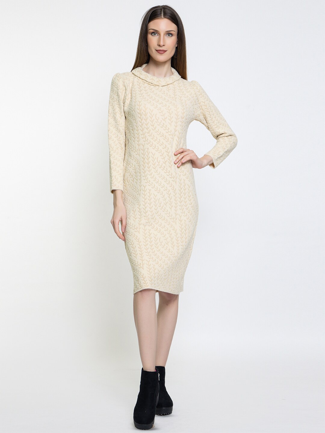 

Elthia Self Design Woollen Sheath Sweater Dress, Off white