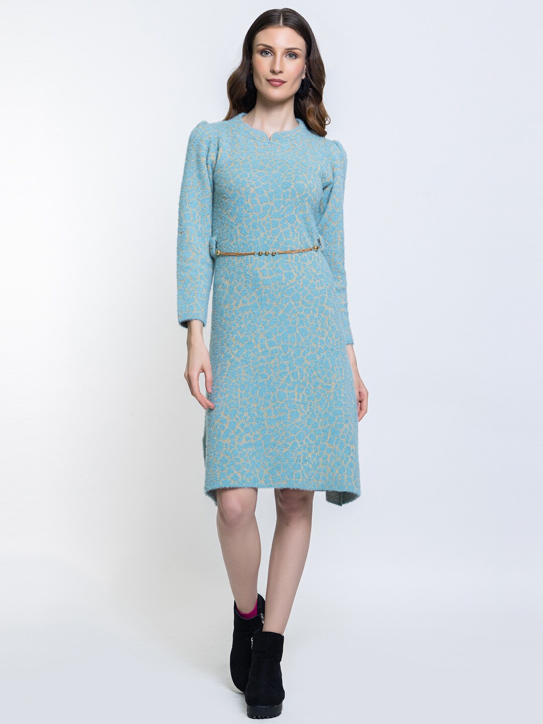 

Elthia Self Design Puff Sleeves Woollen Jumper Dress, Blue