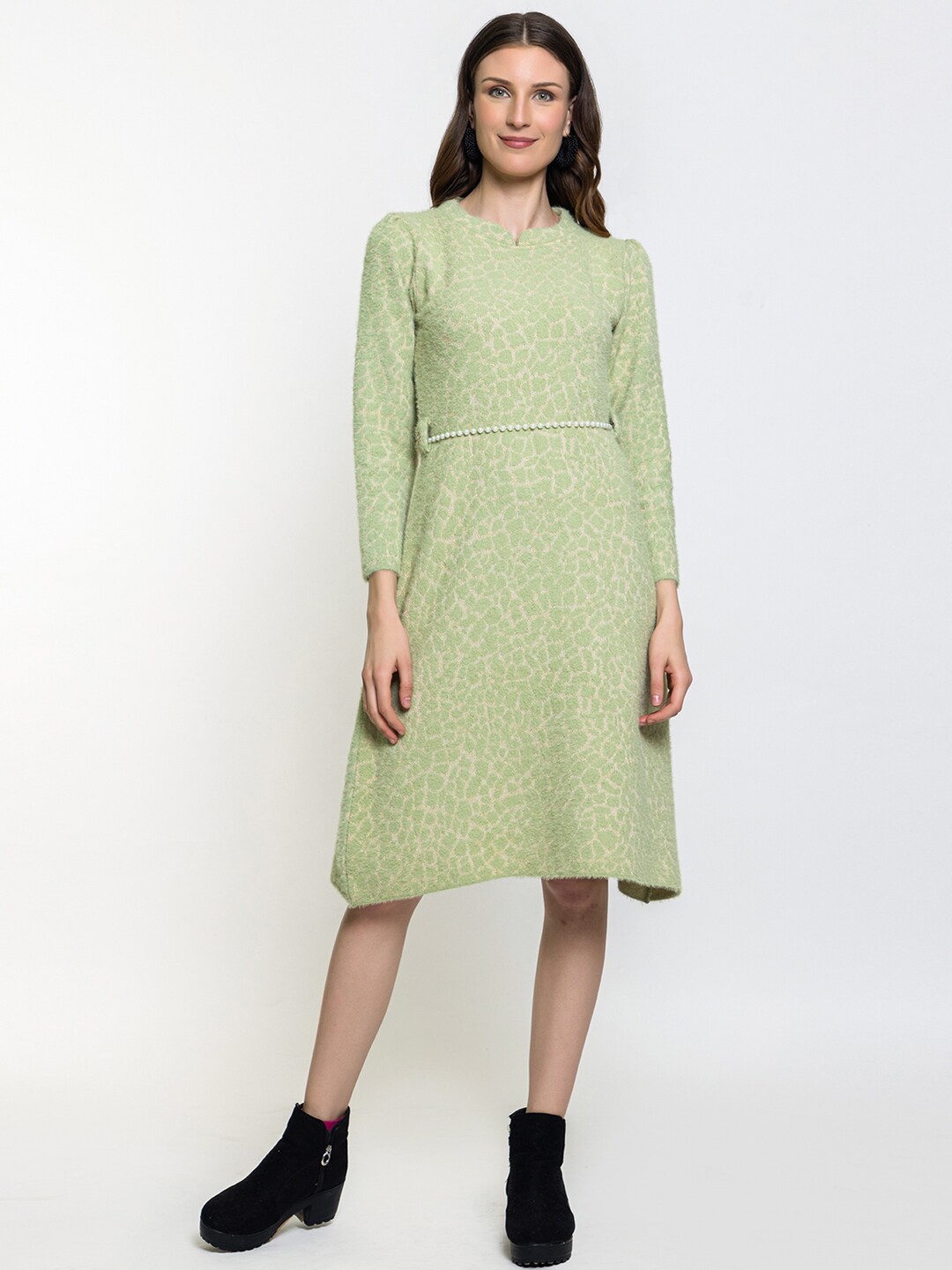 

Elthia Self Design Woollen A-Line Sweater Dress, Green