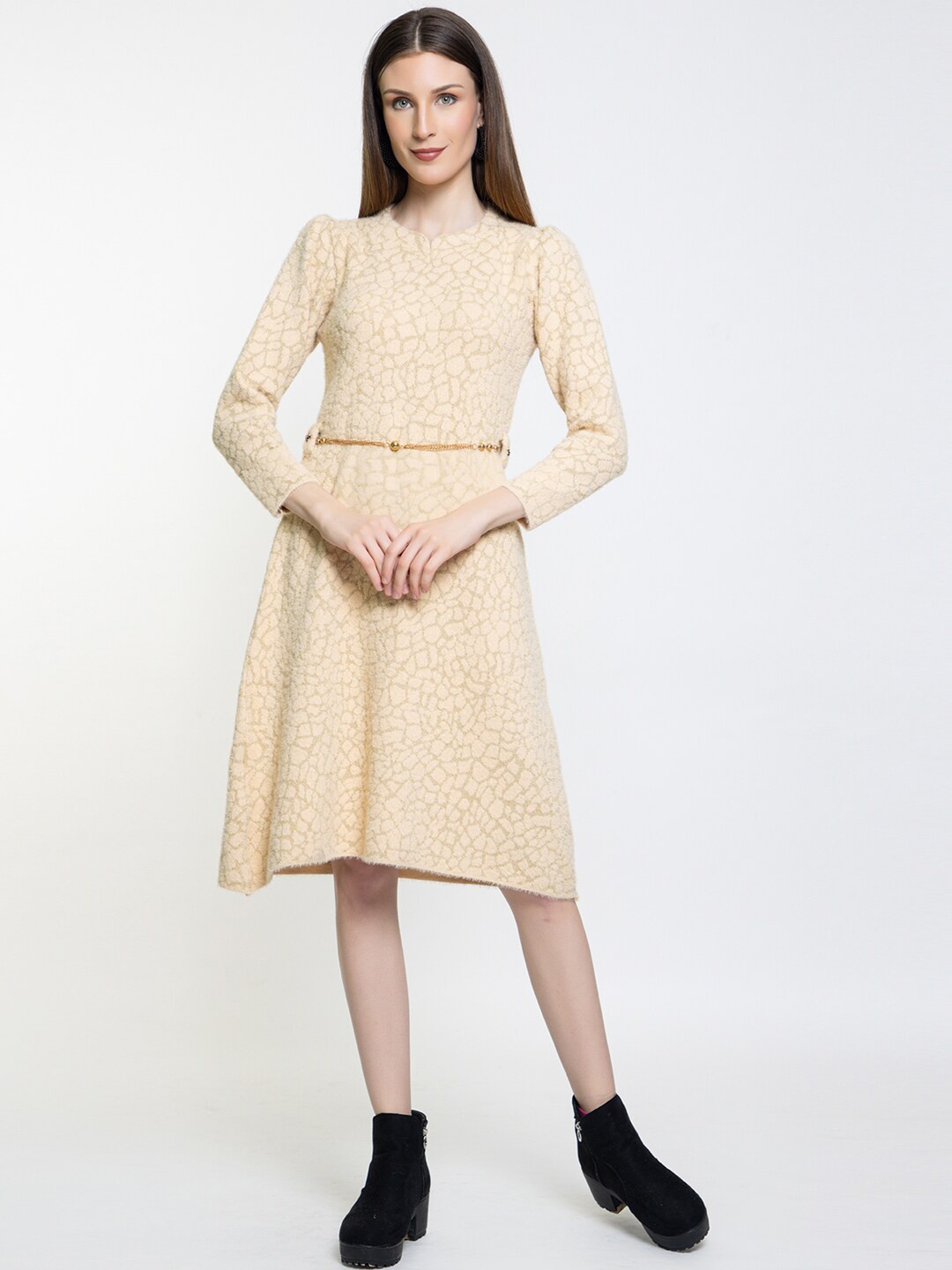 

Elthia Self Designed Round Neck Woollen Fit & Flare Dress, Cream