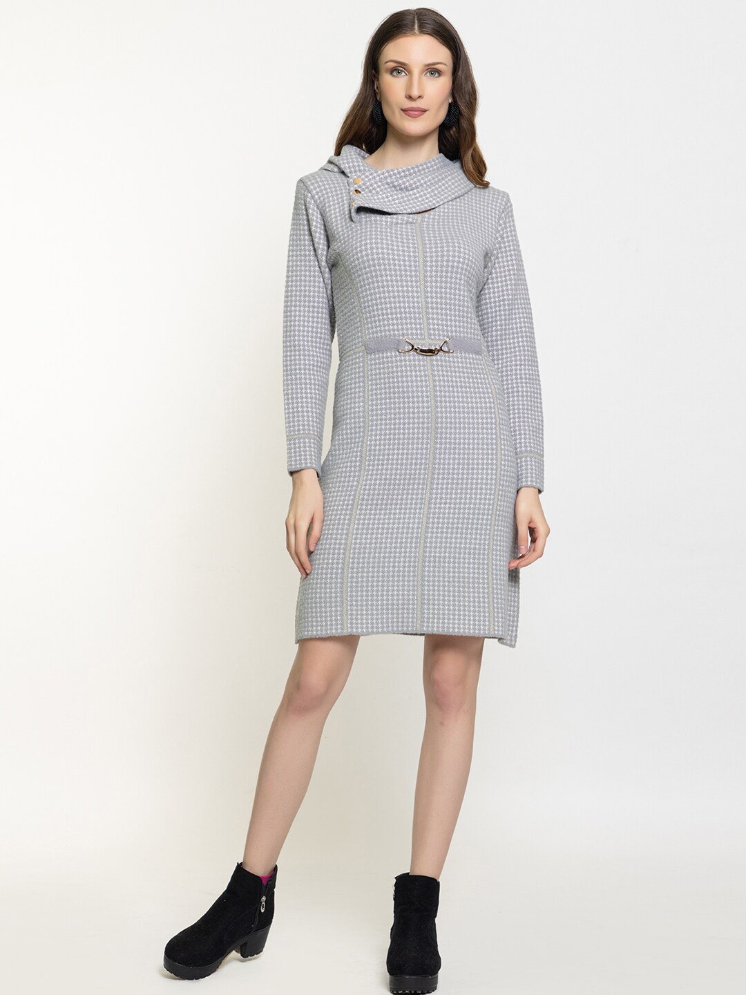 

Elthia Cowl Neck Checked Woollen Jumper Dress, Grey