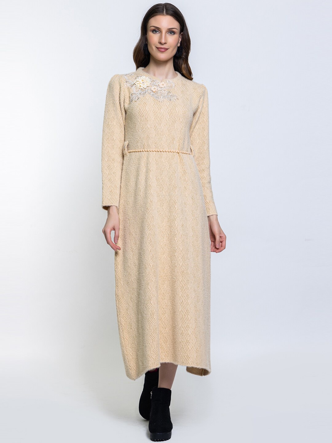 

Elthia Self Designed Round Neck Woollen A-line Midi Dress, Beige