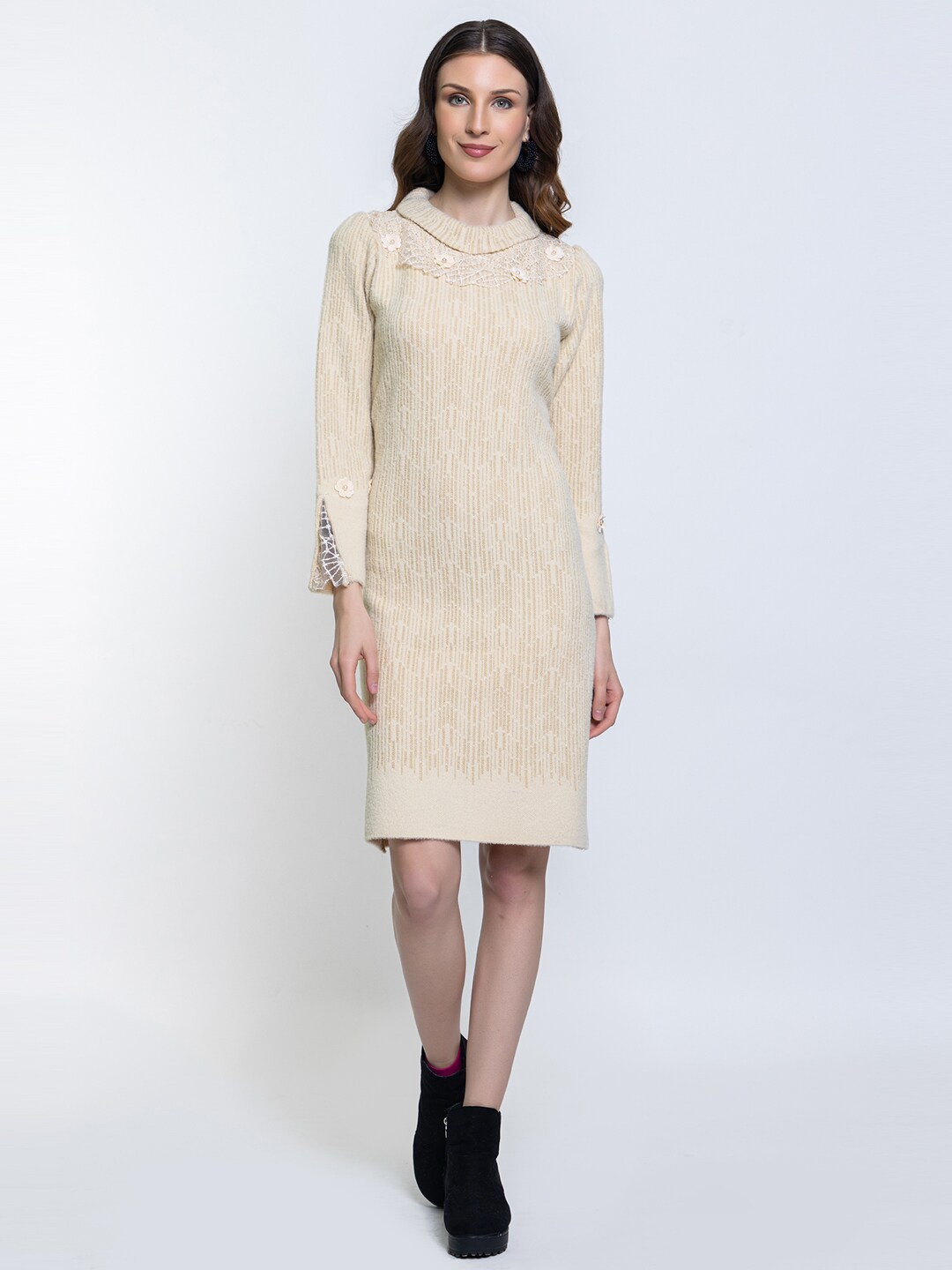 

Elthia Self Design Mock Neck Woollen Jumper Dress, Beige